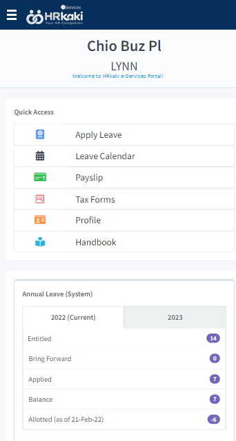HRKaki e-Services app home screen with Quick Access to Apply Leave, Leave Calendar, Payslip, Tax Forms, Profile and Handbook, and the annual leave balance