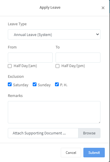 HRKaki e-Services Apply Leave screen with leave type, dates, half-day options and an attach supporting document button