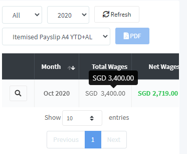 HRKaki e-Services payslip screen showing a monthly itemised payslip with a PDF download button