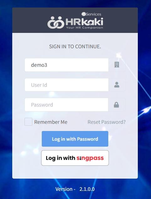 HRKaki e-Services sign-in screen with Log in with Password and Log in with Singpass buttons