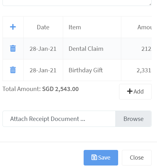 HRKaki e-Services claim batch screen listing expense items with a running total and an attach receipt button