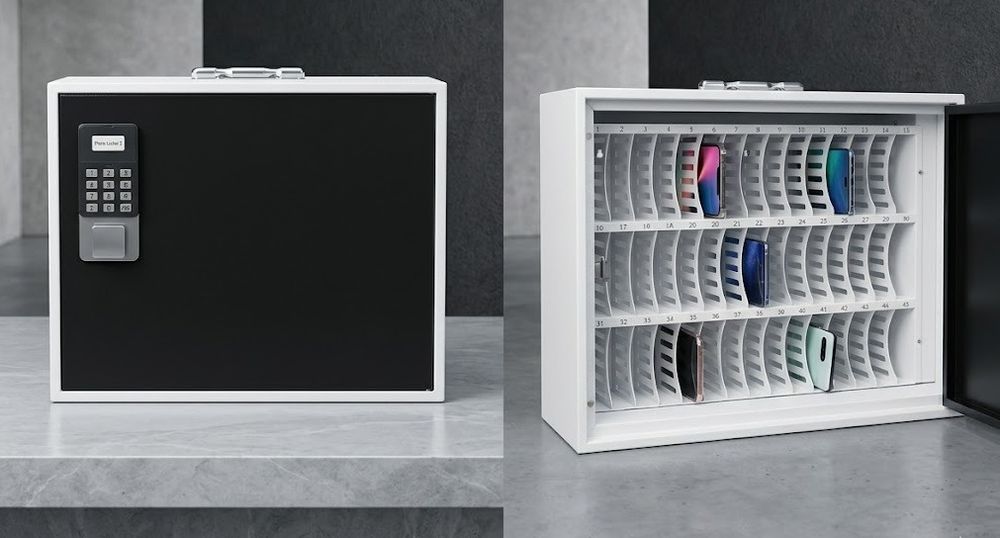 Avelogic school phone locker, closed with its OTP keypad and open showing 45 numbered slots